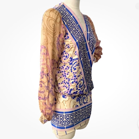 Analili Dresses & Skirts - ANALILI 100% SILK  FAUX WRAP DRESS SHEER CUFF SLEEVES BOHO LAGEN-LOOK RESORTWEAR